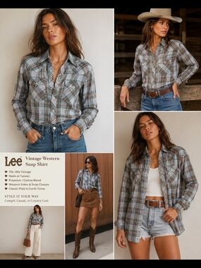 Lee Vintage Western Plaid Snap Shirt - Earth Tone Blue & Brown Yzk